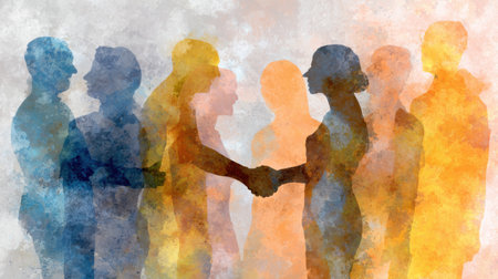 Several silhouetted figures engage in a handshake against a vibrant, warm-toned background, creating a sense of collaboration and connection.の素材