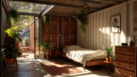 Bright and inviting bedroom features natural light streaming through large windows, wooden furniture, and various indoor plants creating a peaceful atmosphereの素材