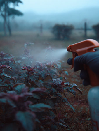 Handheld sprayer releases mist onto vibrant garden plants as morning fog envelops the landscape, promoting freshness and vitality at dawn.の素材