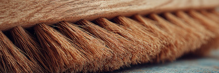 Natural bristle broom rests on a wooden surface, capturing the texture of the bristles and wood grains in a well-lit setting.の素材