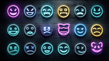 A collection of neon smiley faces in vibrant colors illustrates a wide range of emotions. Each face has a unique expression set against a dark backdrop.の素材