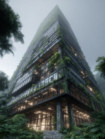 A modern building blends glass and greenery, rising from a misty forest under a twilight sky, creating a serene atmosphere.の素材