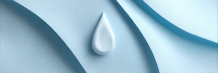 A smooth white water droplet rests on a soft blue background adorned with gentle curves, creating a calming and minimalist appearance in the scene.の素材