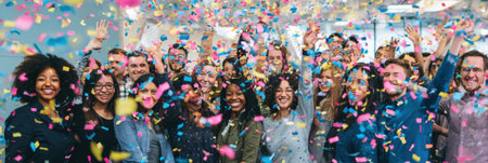 Friends and colleagues cheerfully celebrate an event indoors, surrounded by a vibrant explosion of colorful confetti while enjoying each others company.の素材