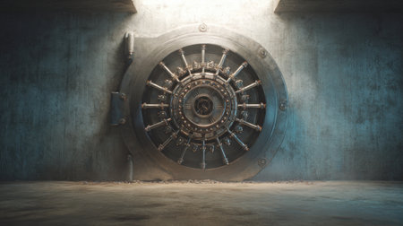 A large, industrial vault door stands closed in a dimly lit underground space with concrete walls, evoking a sense of secrecy and security.の素材