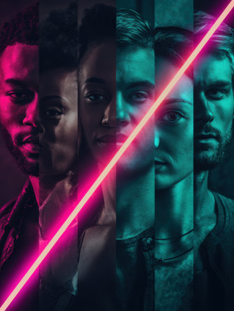 Group of individuals displaying unique expressions with vibrant neon colors in the background, creating a dynamic and modern atmosphere.の素材
