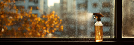 A spray cleaning bottle sits on a window sill, overlooking a cityscape with autumn leaves outside, illuminated by warm, golden light.の素材