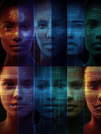A vivid artwork blends human faces with digital elements, highlighting the bond between humanity and technology today.の素材
