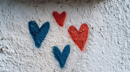 Vibrant blue and red hearts adorn a rough wall, showcasing creativity and adding cheer to the atmosphere in a relaxed environment.の素材