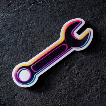 A vibrant sticker shaped like a wrench rests on a dark textured surface, highlighting its colorful design and artistic flair in accessories and decoration.の素材