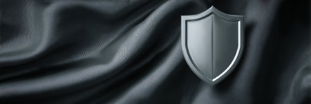 A shield symbol stands out against a smooth black fabric background, highlighting themes of strength, protection, and security in a minimalist design.の素材