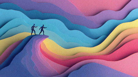 Two silhouettes are reaching out to each other while standing on a vibrant, layered landscape of colorful waves resembling a sunset.の素材