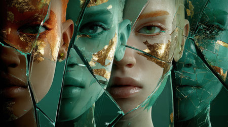 Fragmented faces display a blend of colors and materials, capturing the essence of identity and emotion in a modern artistic style.の素材