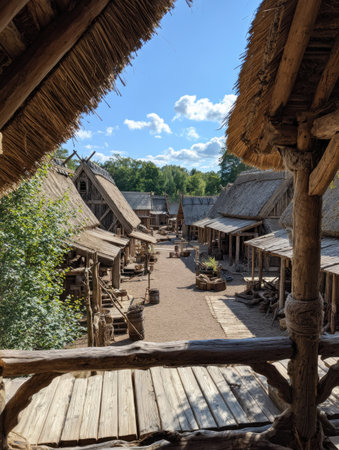 A view from above shows a rustic village with thatched roofs, wooden structures, and stone pathways, all bathed in warm sunlight and surrounded by greenery.の素材