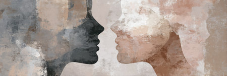 Two contrasting silhouettes of faces engage in a silent conversation amidst a soft, textured abstract background filled with warm hues and gentle shapes.の素材