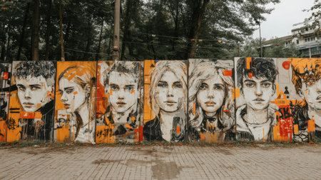 Colorful murals on a concrete wall in the park showcase portraits with unique expressions and artistic styles in an urban setting.の素材