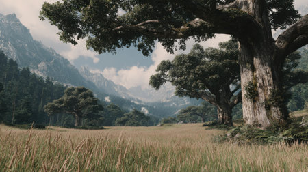 Gigantic trees dominate the landscape in a peaceful valley. Mountains rise in the background, contributing to the idyllic scenery on a clear day.の素材