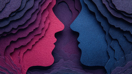 Two faces in profile are created from layered paper, showing vibrant colors and intricate details that symbolize connection and emotional depth.の素材