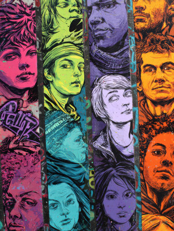 A vibrant mural displays a series of diverse faces, each with unique expressions, showcasing artistry in an urban environment filled with vivid colors.の素材