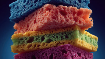 Brightly colored sponges are arranged in a vertical stack, showcasing their unique textures and vibrant hues against a dark backdrop.の素材
