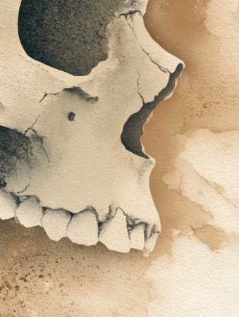 A close-up view of a cracked skull, showing intricate details and textures on a soft, muted background that adds depth to the image.の素材