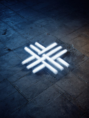 A striking arrangement of neon lights forms a geometric design on a textured stone floor, showcasing modern art in a dark environment.の素材