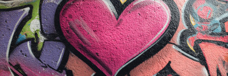 Bold pink heart surrounded by colorful graffiti on a textured wall, showing urban creativity and artistic expression in a lively setting.の素材