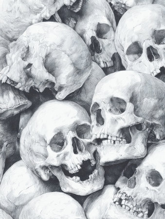 A variety of skulls are tightly packed together, showing intricate details and textures. The monochrome tones create a dramatic visual effect.の素材