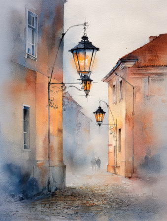 Lanterns cast a warm glow in a misty alleyway, as silhouettes of pedestrians stroll along cobblestone streets in a quiet, historic town at dusk.の素材