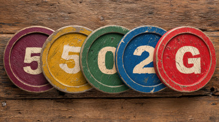 Five distinct wooden tokens feature numbers in various colors placed on an old wooden table showing a mix of textures and patterns.の素材