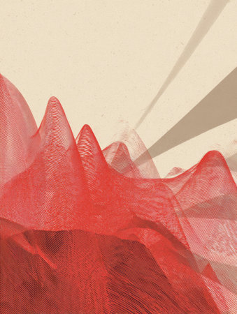 Red waves rise and fall against a soft light backdrop, creating a dynamic visual layered with intricate textures and shades in soft light.の素材