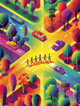 Bright and lively illustration of a busy intersection with diverse pedestrians crossing while cars navigate the roads amid colorful trees.の素材