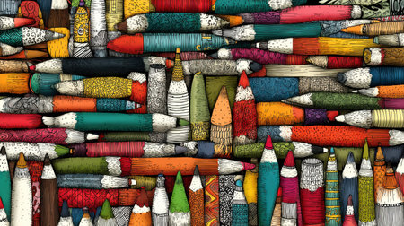 A vibrant collection of artistic pencils is neatly displayed, showing various colors, patterns, and textures, inspiring creativity and artistic expression.の素材