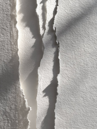 Bright light filters through torn edges of white paper, revealing delicate textures and shadows as they dance across the surface below.の素材