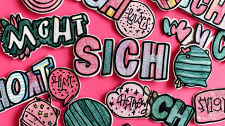 Various stickers featuring bright colors and fun phrases lie scattered across a bold pink surface, creating a lively and cheerful display.の素材