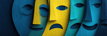 Colorful masks in blue and yellow tones depict various emotions, creating a striking layered design that evokes feelings and thoughts.の素材