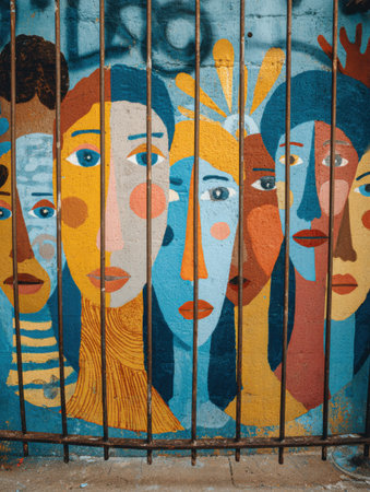 Colorful mural featuring multiple faces with distinct expressions, illuminated by daylight, conveying a message of unity and resilience in a city environment.の素材