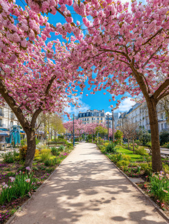 A serene path is framed by vibrant cherry blossom trees in a Paris park. The sunny sky enhances the joyful atmosphere of this spring afternoon.の素材