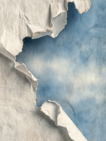 A piece of torn paper exposes a calm blue sky with fluffy clouds, creating a serene and artistic view that invites contemplation and creativity.の素材