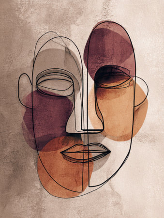 Colorful abstract art displays a minimalist line drawing of a face surrounded by watercolor shapes in warm colors, creating a unique visual experience.の素材