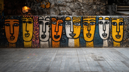 Colorful mural showing various stylized faces on a stone wall in a city environment, with pedestrians walking by, creating an artistic urban atmosphere.の素材
