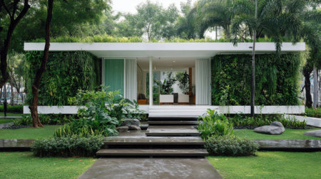 A contemporary home featuring lush vertical gardens, surrounded by well-maintained laws and stone pathways, showing a tranquil atmosphere.の素材