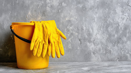 Bright yellow gloves lie on the rim of a bucket, set against a smooth gray backdrop. The scene suggests an active cleaning or maintenance task.の素材