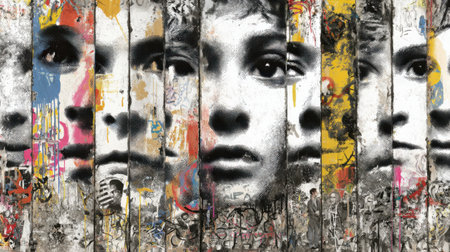 Colorful mural displays a series of expressive faces surrounded by vivid graffiti, reflecting the essence of urban art and creativity in a dynamic setting.の素材