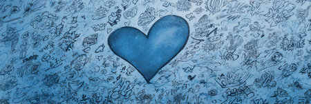 A large blue heart stands out against a backdrop of detailed sketches and doodles on a textured wall, highlighting artistic expression and sentiment.の素材