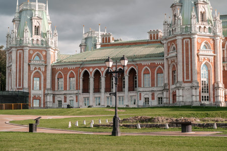 Exploring the beautiful Tsaritsyno Park reveals intricate buildings and manicured gardens, blending history and nature in a peaceful setting.の写真素材