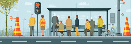 Groups of people stand at a city bus stop under clear skies, surrounded by construction barriers and traffic signals, creating a lively urban scene.の素材