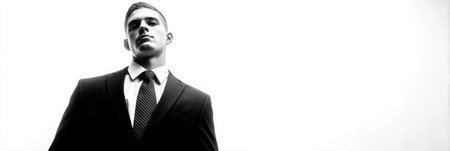 A man dressed in a sharp suit and tie stands confidently against a plain white background, embodying elegance and sophistication in a modern setting.の素材