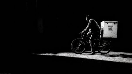 A cyclist navigates a dark city street with a delivery box on the bike, illuminated by a patch of light from a nearby source, creating a dramatic contrast.の素材