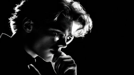 A young man in profile, softly lit against a dark backdrop, creates a contemplative mood in black and white.の素材
